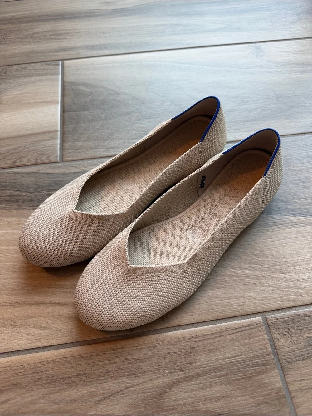Rothy's Cream Knit Ballet Flats with Blue Heel Trim